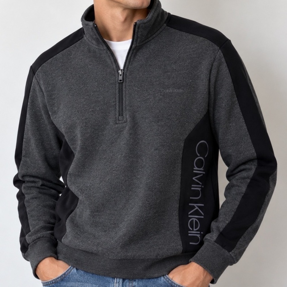 Calvin Klein Soft Touch Fleece Quarter Zip Pullover M Gray Black Logo Sweatshirt